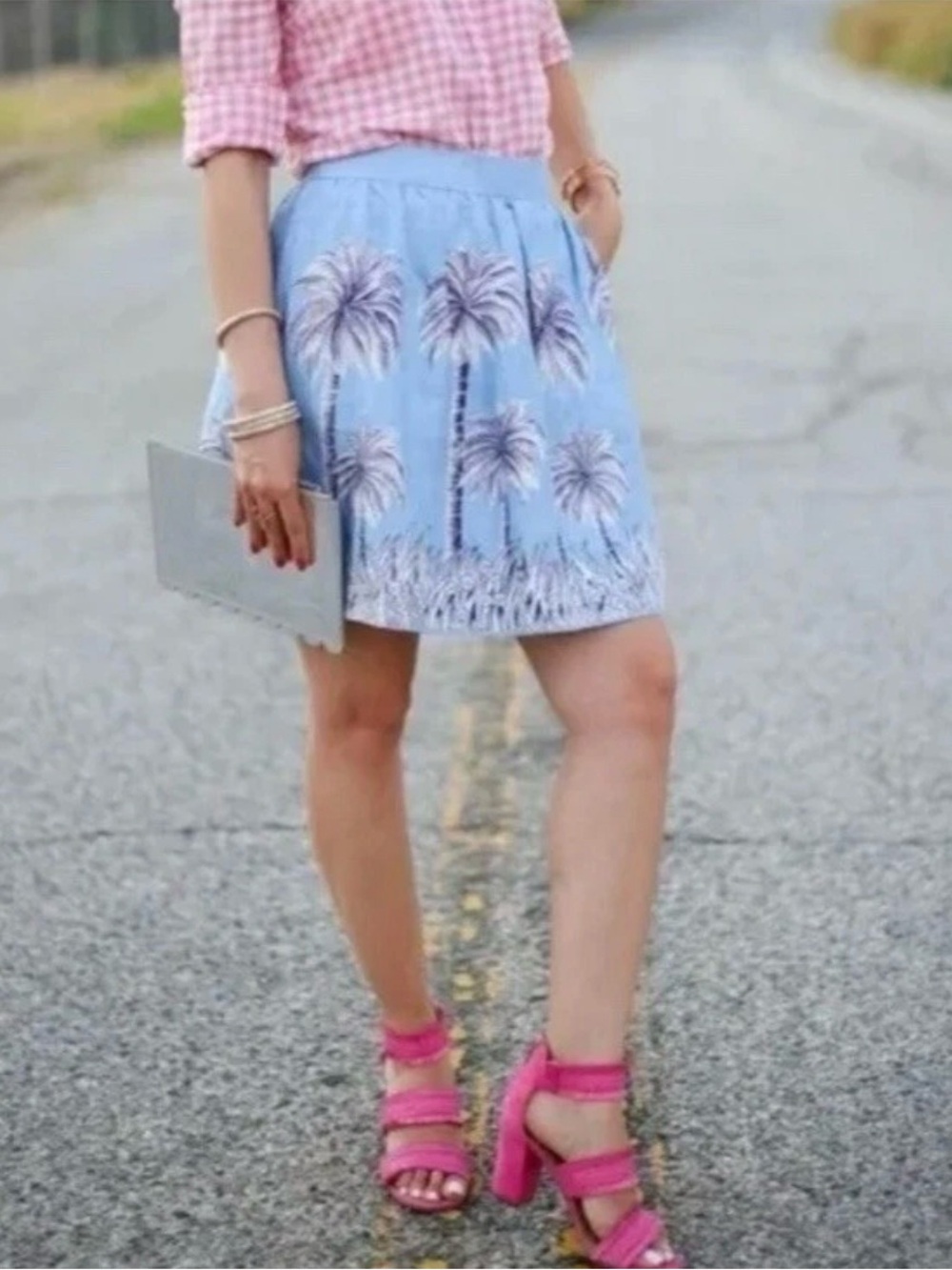 J.Crew Palm Tree Linen Skirt Size 4 Light Blue Like New